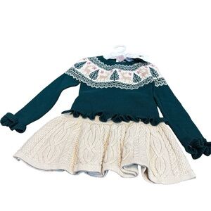 Tahari Girls Holiday 3 piece Sweater Dress 3T Green Fair Isle Reindeer NWT